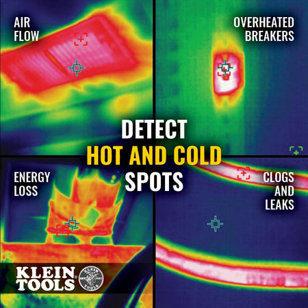 Four-panel educational infographic demonstrating the TI290's ability to detect hot and cold spots. The thermal captures illustrate professional use cases for identifying improper air flow, overheated electrical breakers, building energy loss, and plumbing clogs or leaks.