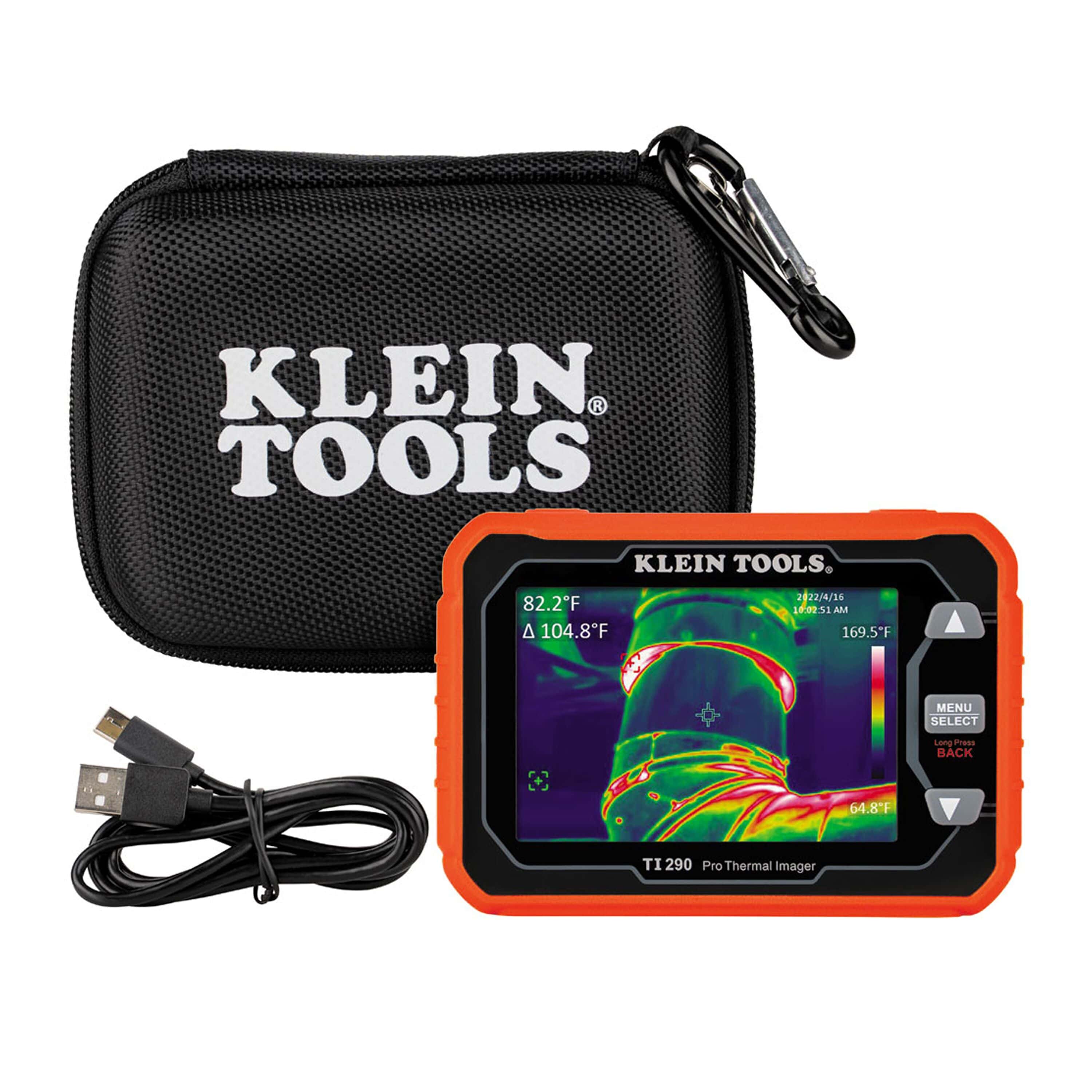 Full product kit layout for the TI290 thermal imaging camera featuring the handheld imager displaying a high-resolution infrared heat map, a professional USB-C charging and data cable, and a rugged black molded soft-storage case with an integrated carabiner for jobsite portability.