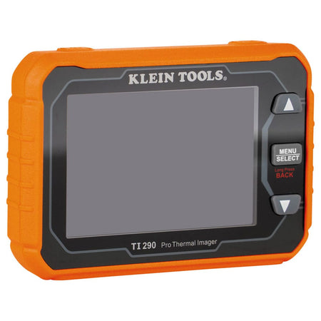 A frontal perspective of the Klein Tools TI290 highlighting the professional interface. The device features a large high-resolution screen and tactile navigation buttons, including dedicated up and down arrows and a menu select button for rapid troubleshooting of hot and cold spots.
