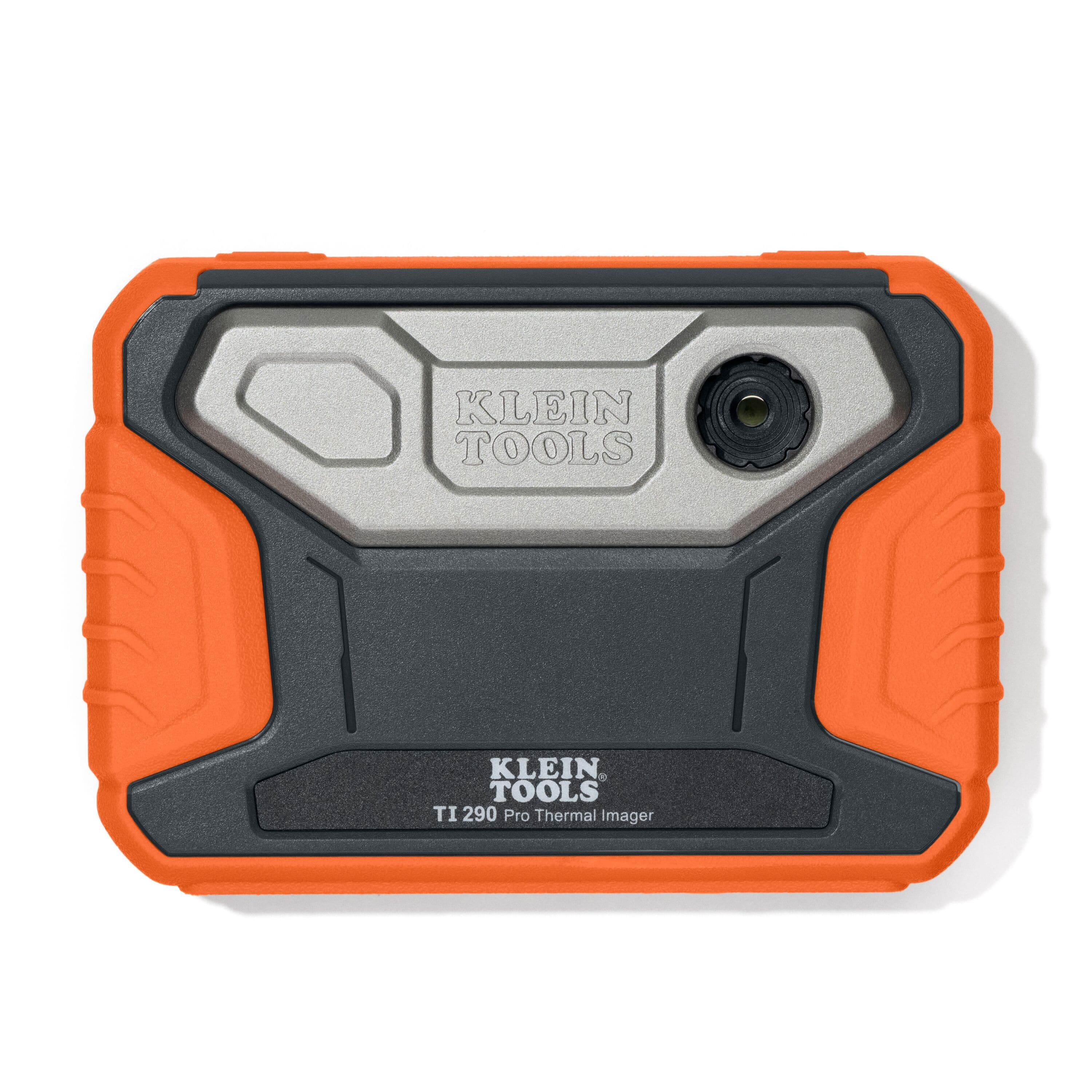 Rear view of the TI290 thermal imager showcasing the advanced 76,800-pixel VOx microbolometer sensor. The rugged orange and black housing features "Klein Tools" branding and is designed to provide high-definition thermal imaging for industrial inspectors and technicians.
