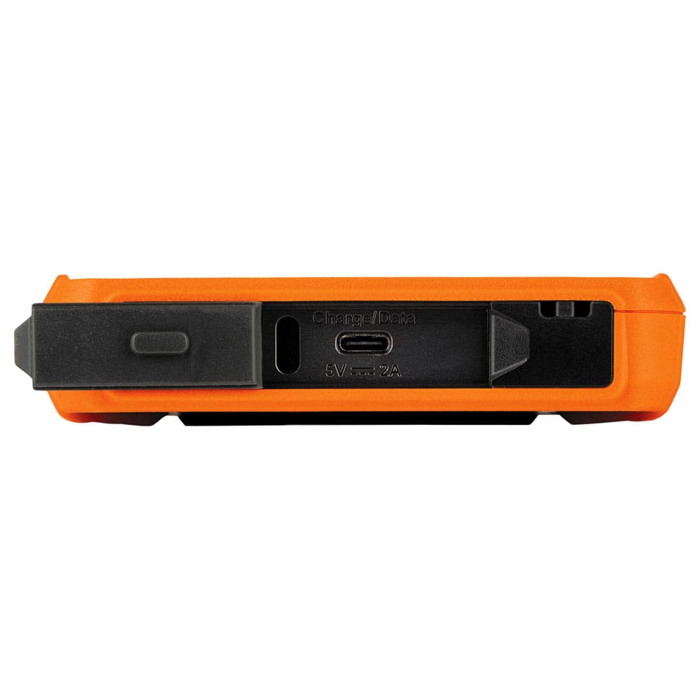 Detailed view of the TI290's weather-resistant port seal. The protective cover is shown open to reveal the modern USB-C charging and data port, rated for 5V at 2A, ensuring fast recharging and reliable transfer of saved diagnostic images to a PC.