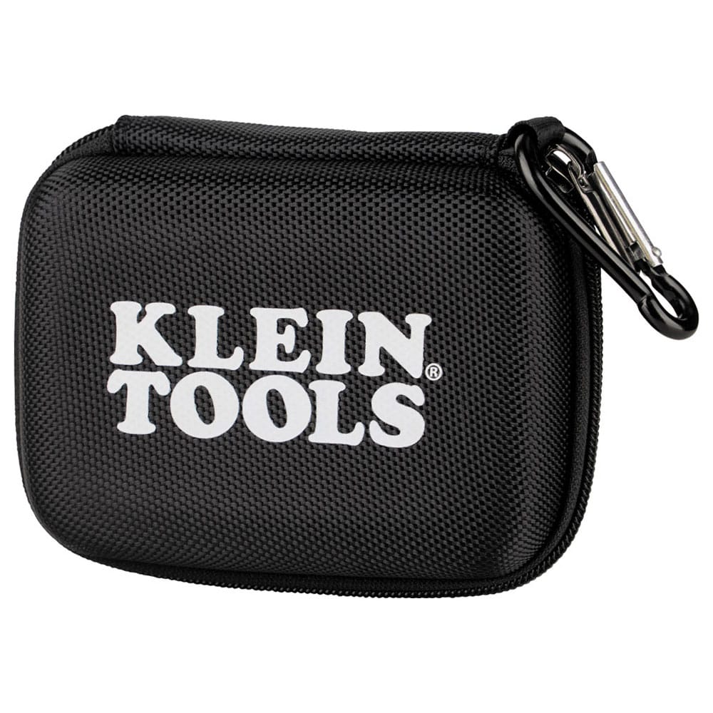 A close-up view of the professional molded soft-storage carrying case for the TI290. The black high-visibility case features a prominent white Klein Tools logo and a durable metal carabiner, providing superior drop protection and convenient storage for electrical inspectors.