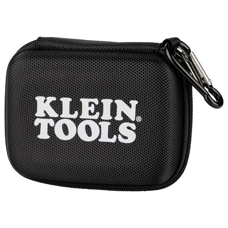 A close-up view of the professional molded soft-storage carrying case for the TI290. The black high-visibility case features a prominent white Klein Tools logo and a durable metal carabiner, providing superior drop protection and convenient storage for electrical inspectors.