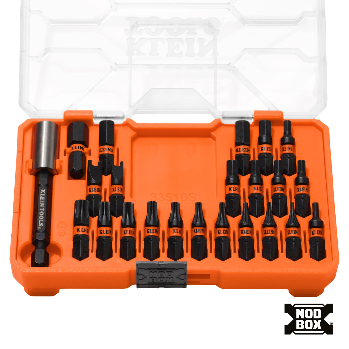 Klein 33510S tamperproof security bit set with 22 S2 steel pin-in bits and magnetic bit holder organized in an open slim MODbox case.