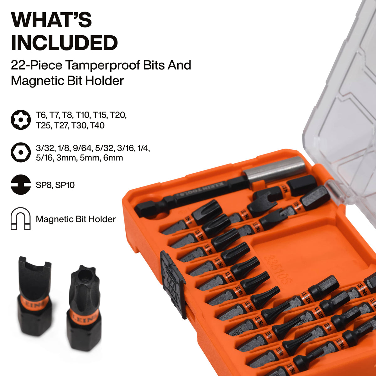 Diagram listing 22 tamperproof bit sizes including security TORX, security hex, and spanner bits alongside an open Klein MODbox case.