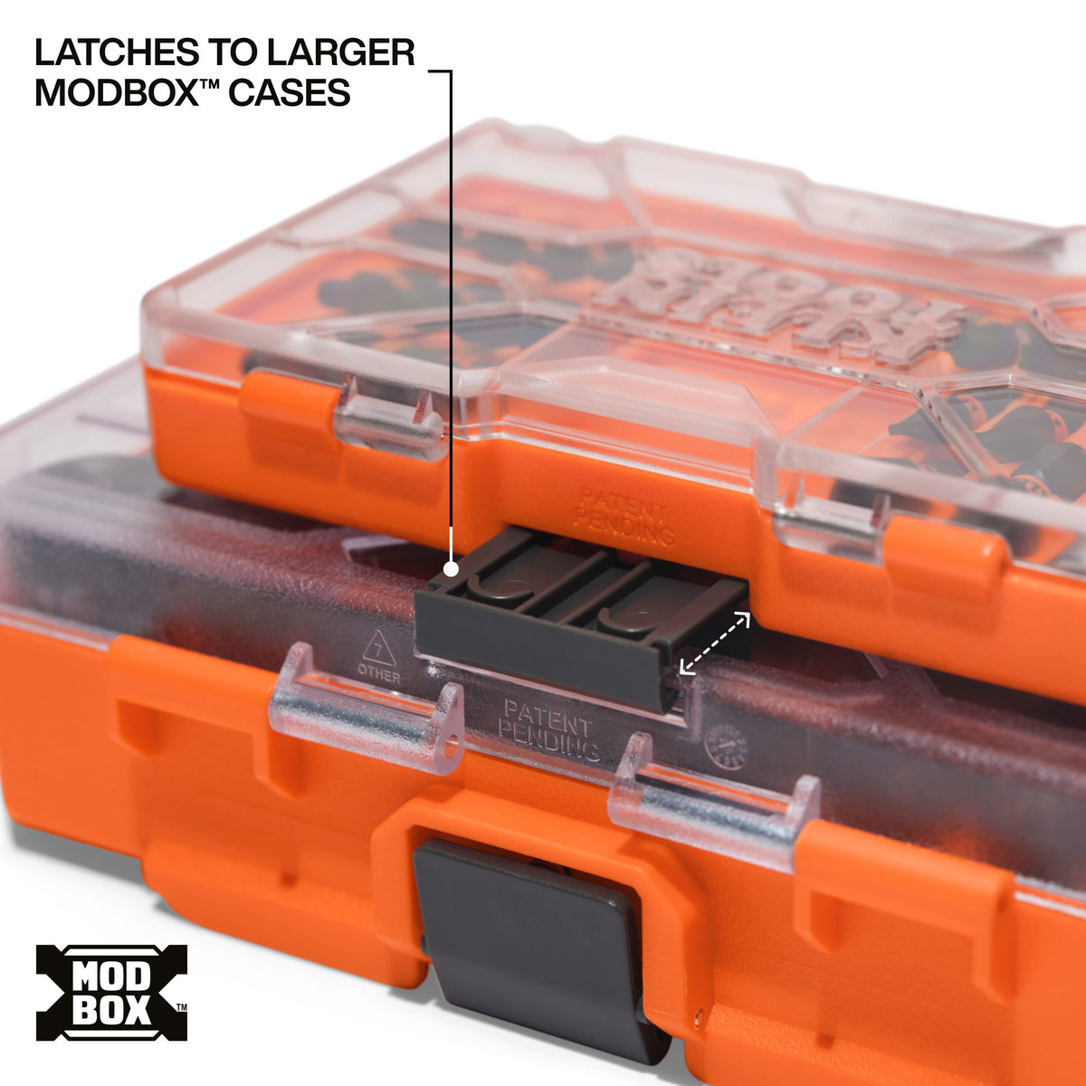 Close-up diagram showing the interlocking bottom latch mechanism connecting the Klein 33510S slim case to a larger MODbox storage box.