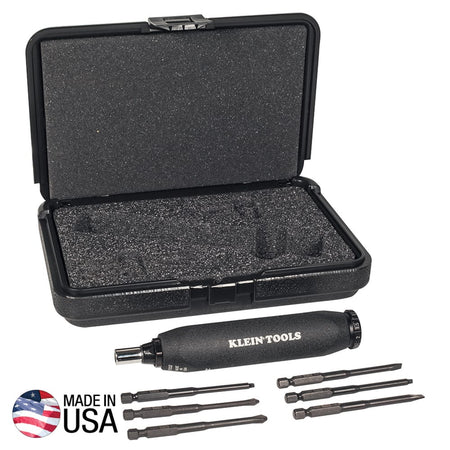 Klein 57032 torque screwdriver handle displayed beside six 3.5-inch power bits and open foam-lined case for safe storage.