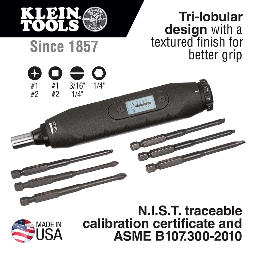 Diagram highlighting tri-lobular aluminum handle, window scale reading 5 to 40 in-lb, and N.I.S.T. ASME B107.300 calibration standards.