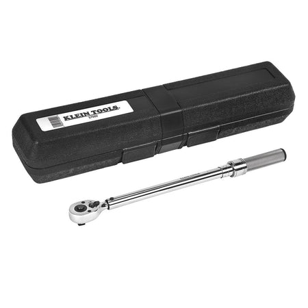 Klein 57000 3/8-inch drive torque wrench resting beside its protective hard storage case to ensure jobsite calibration integrity.