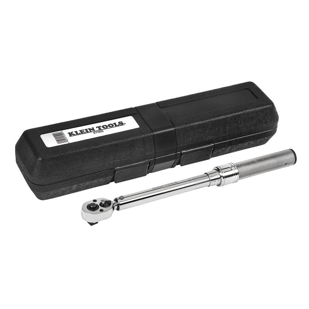 Klein 57005 3/8-inch drive torque wrench next to its blow-molded storage case designed to protect internal spring calibration on job sites.