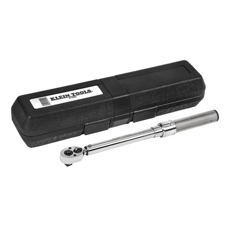 Klein 57005 3/8-inch drive torque wrench next to its blow-molded storage case designed to protect internal spring calibration on job sites.
