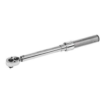 Klein 57005 3/8-inch drive torque wrench showing micro-adjustable scale for precise 30 to 250 in-lb low-torque electrical terminal fastening.