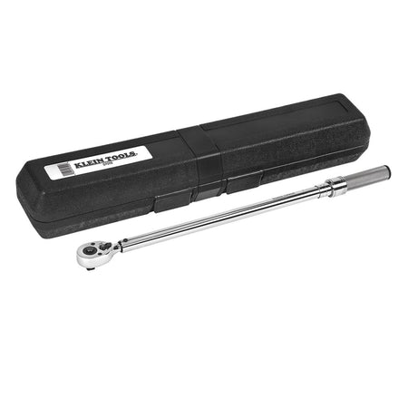 Klein 57010 1/2-inch drive torque wrench with its protective blow-molded storage case designed for jobsite calibration protection.