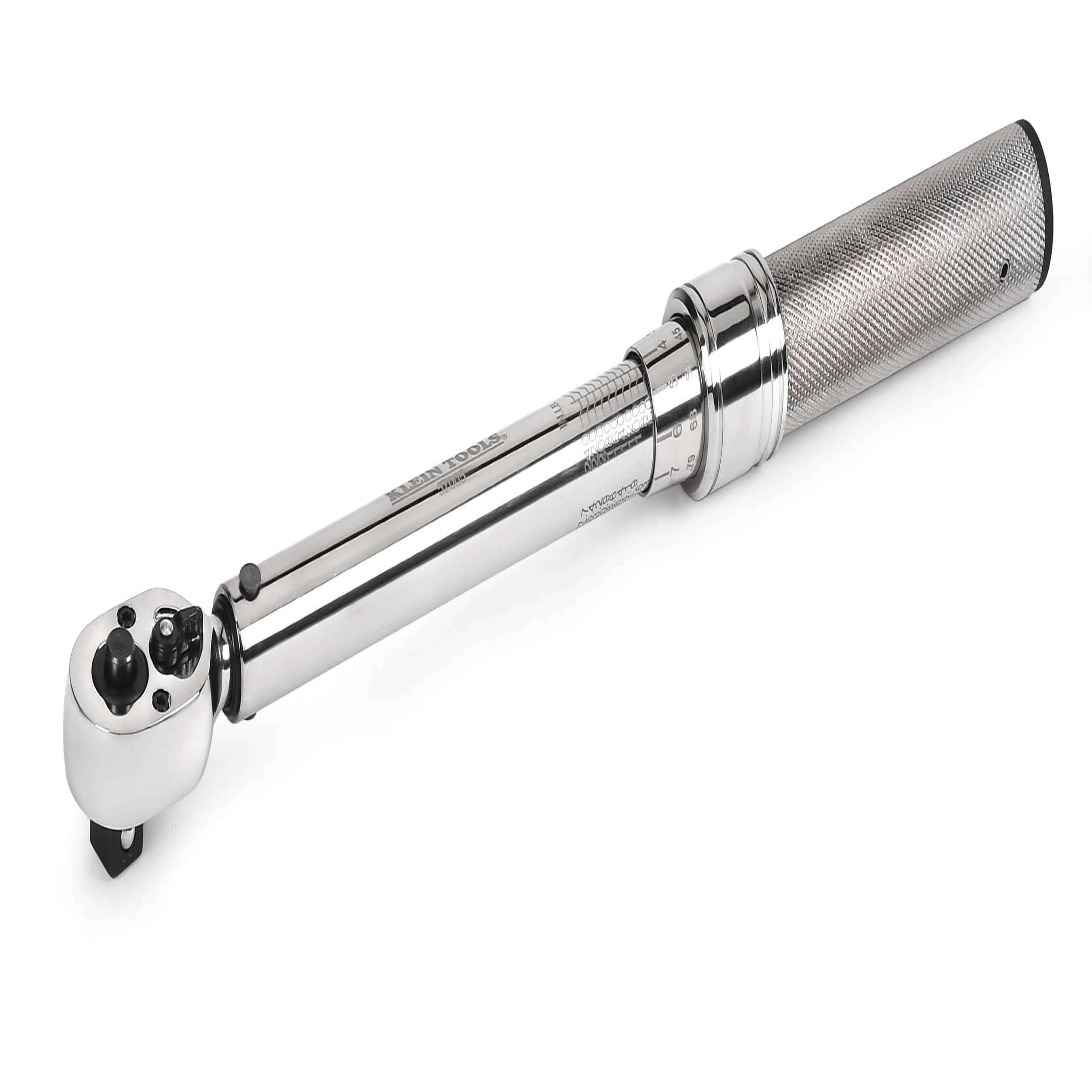 Knurled steel handle and micro-adjustable scale on the Klein 57010 wrench showing dual foot-pound and Newton-meter torque settings.