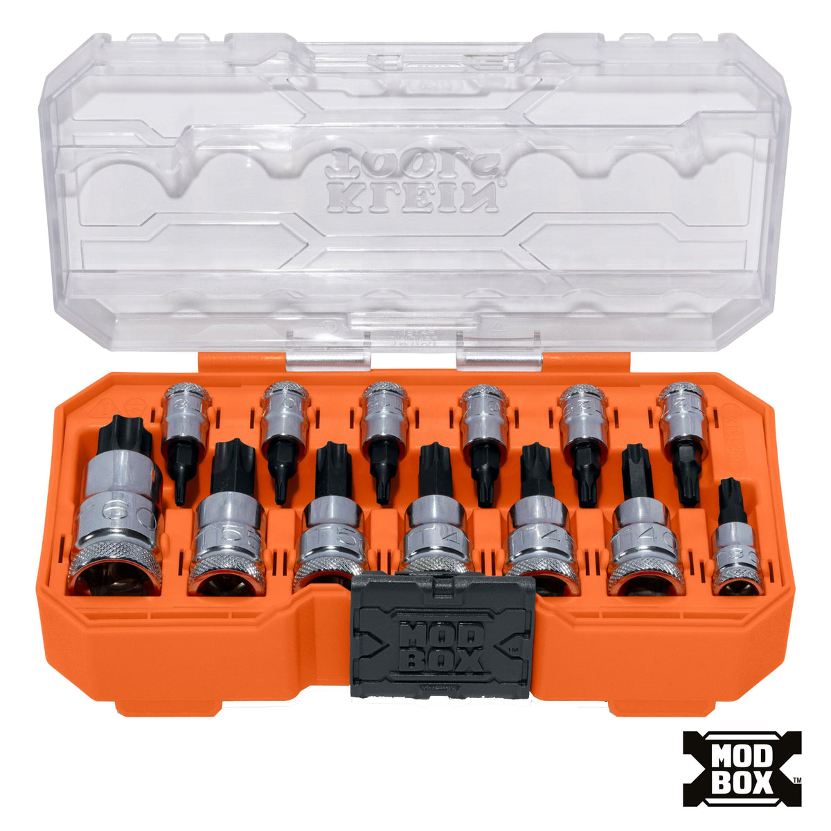 Klein 65213TX 13-piece TORX bit socket set organized inside an open MODbox clear-lid case showing star-drive bits from T8 to T60.