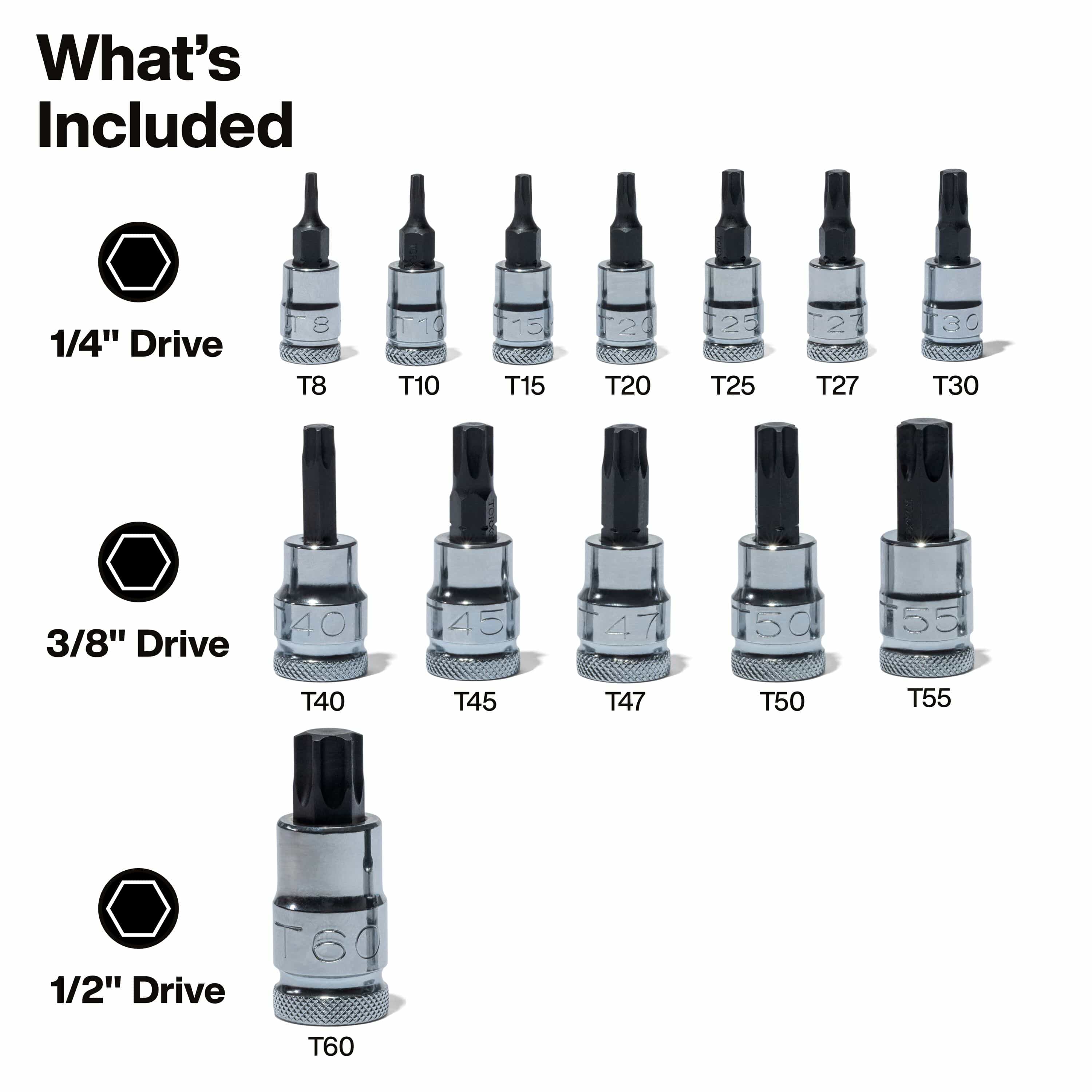 Diagram detailing 13 TORX bit sockets divided across 1/4, 3/8, and 1/2-inch drive sizes ranging from T8 up to T60 star profiles.