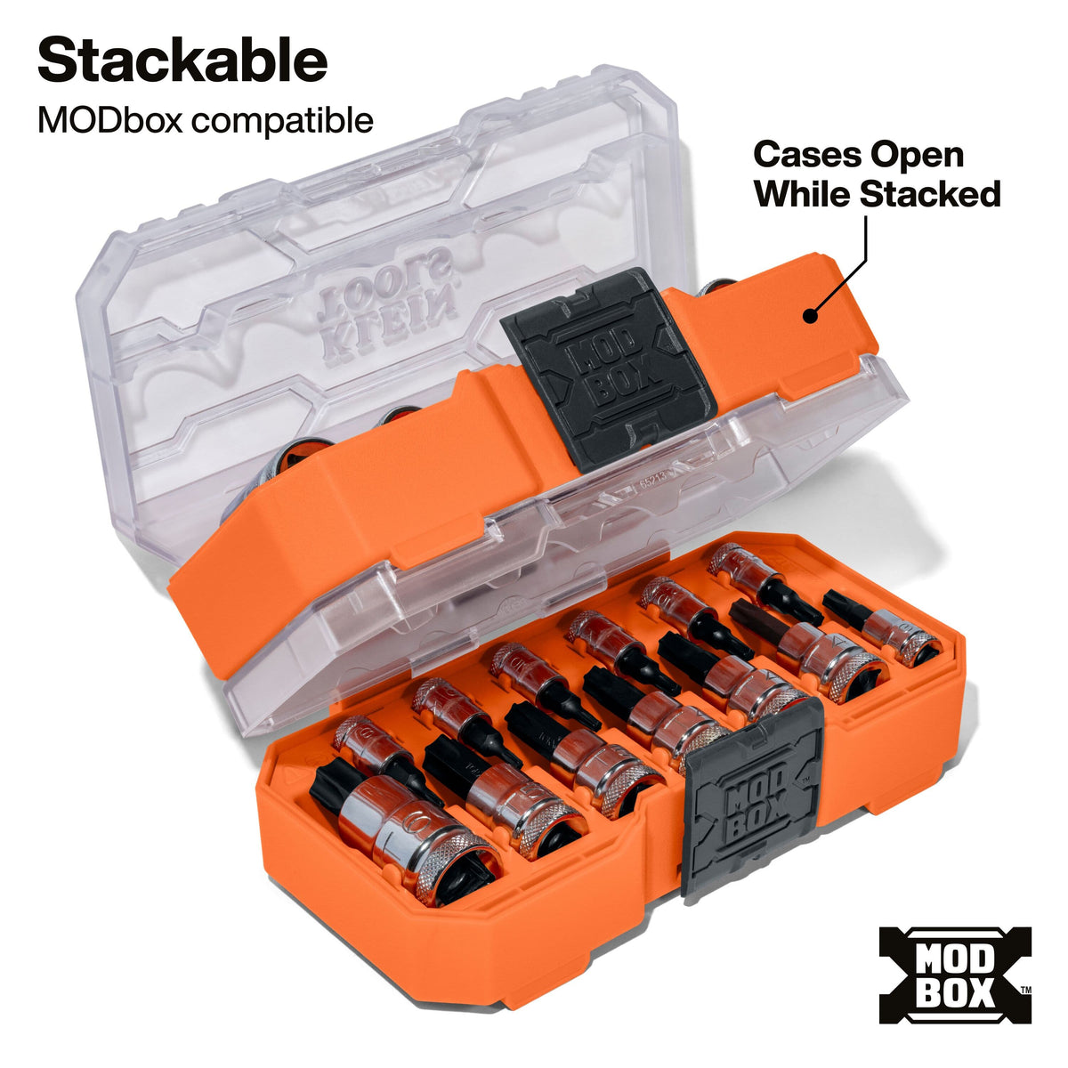 Klein MODbox organizer cases stacked together, illustrating how transparent lids open independently without unstacking the boxes.