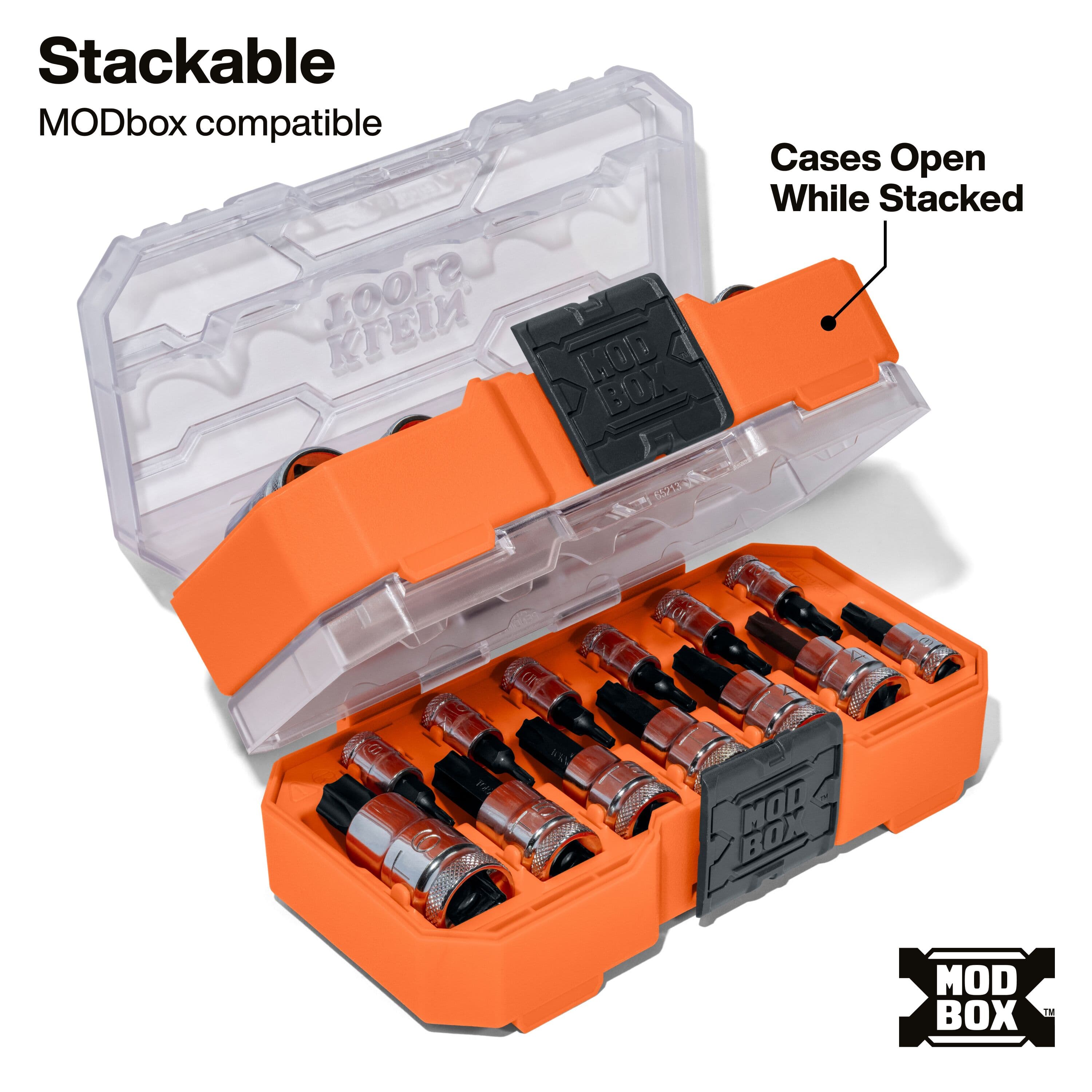 Klein MODbox organizer cases stacked together, illustrating how transparent lids open independently without unstacking the boxes.