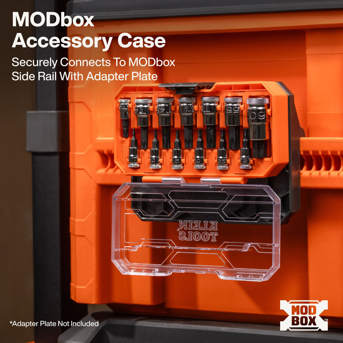 Klein MODbox TORX bit socket case mounted vertically onto the side rail of a main MODbox rolling toolbox for mobile jobsite access.