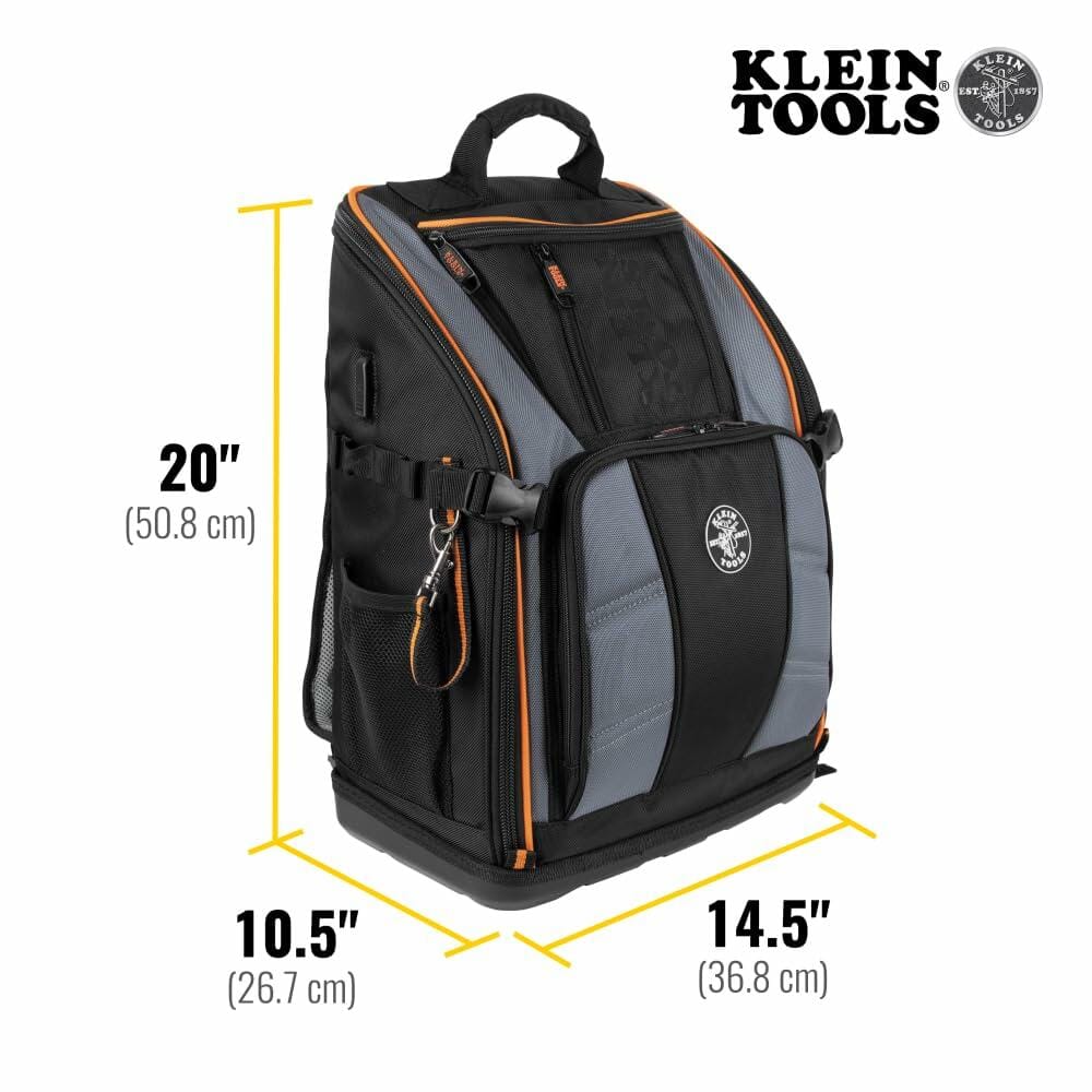 Full view of the Klein Tools Tradesman Pro Tool Backpack, with yellow lines marking its dimensions: 20 inches high, 10.5 inches deep, and 14.5 inches wide.