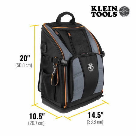 Full view of the Klein Tools Tradesman Pro Tool Backpack, with yellow lines marking its dimensions: 20 inches high, 10.5 inches deep, and 14.5 inches wide.
