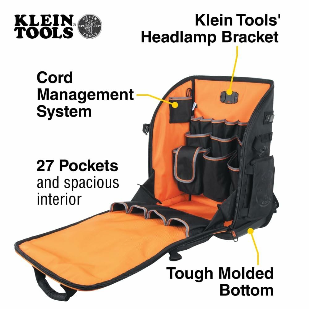 Internal view of the open tool backpack highlighting key features: 27 pockets and spacious interior, tough molded bottom, cord management system, and the internal headlamp bracket.