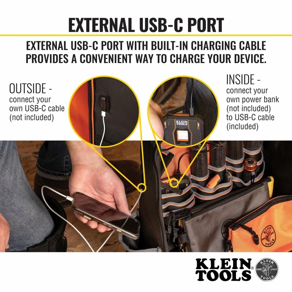 Diagram illustrating the external USB-C port function. The left side shows a phone plugged into the exterior port; the right side shows a power bank plugged into the included internal charging cable.