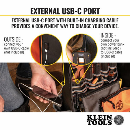 Diagram illustrating the external USB-C port function. The left side shows a phone plugged into the exterior port; the right side shows a power bank plugged into the included internal charging cable.