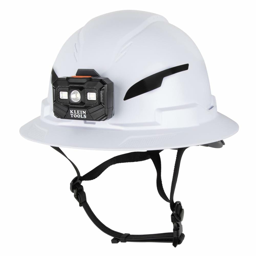 Full front view of the white Klein Tools Full-Brim Hard Hat with the included 300-Lumen Rechargeable Headlamp securely attached to the integrated front mount.