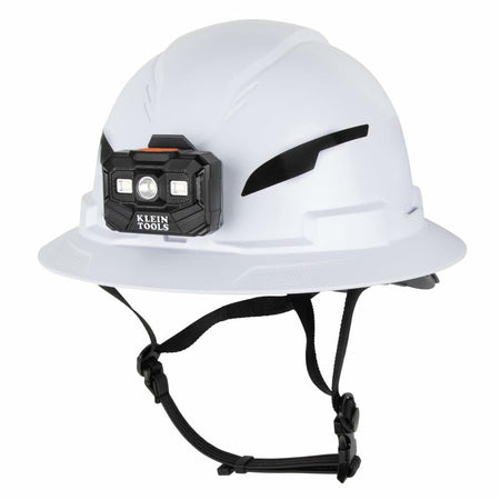 Full front view of the white Klein Tools Full-Brim Hard Hat with the included 300-Lumen Rechargeable Headlamp securely attached to the integrated front mount.