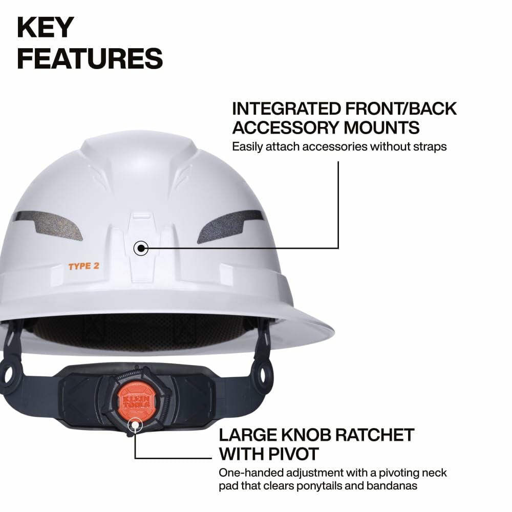 Key features diagram of the Klein Tools Type 2 Hard Hat, illustrating the integrated accessory mounts and the large knob ratchet with pivot for easy adjustment.