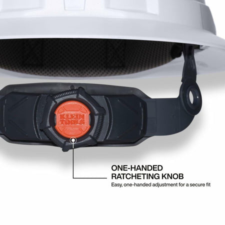 Close-up of the rear of the hard hat, showing the large, orange one-handed ratcheting knob for quick and secure adjustment.