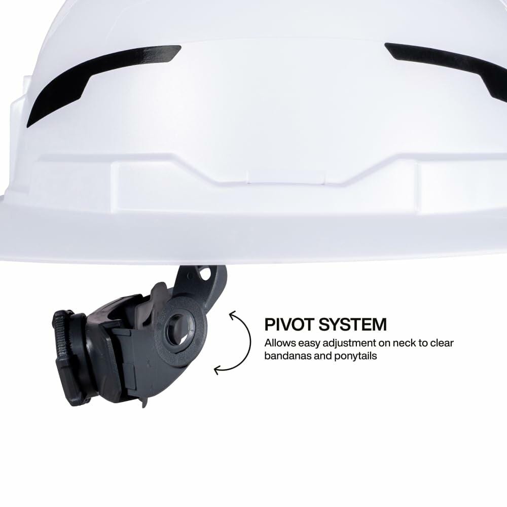Close-up of the hard hat shell showing the pivot system on the ratchet adjustment, allowing for easy neck clearance for ponytails or bandanas.
