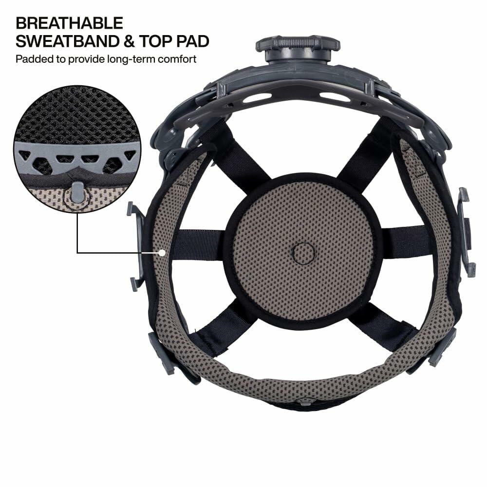 Overhead view of the 6-point suspension system and top pad of the hard hat, detailing the breathable sweatband for long-term comfort.