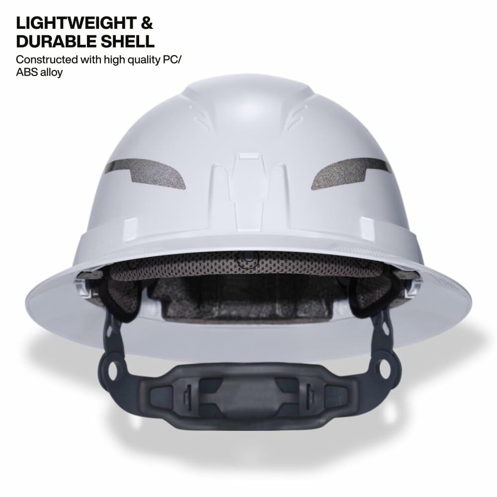 Front view of the white Klein Tools Full-Brim Hard Hat interior, highlighting the lightweight and durable PC/ABS shell construction and padded suspension.