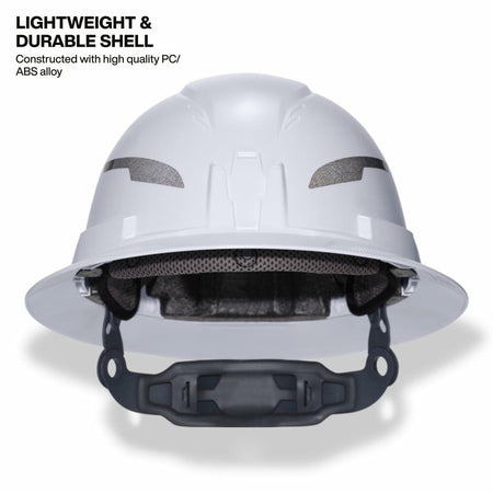 Front view of the white Klein Tools Full-Brim Hard Hat interior, highlighting the lightweight and durable PC/ABS shell construction and padded suspension.