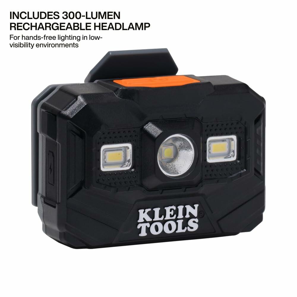 Close-up shot of the included 300-Lumen rechargeable headlamp with the Klein Tools logo, designed for hands-free lighting in low-visibility environments.