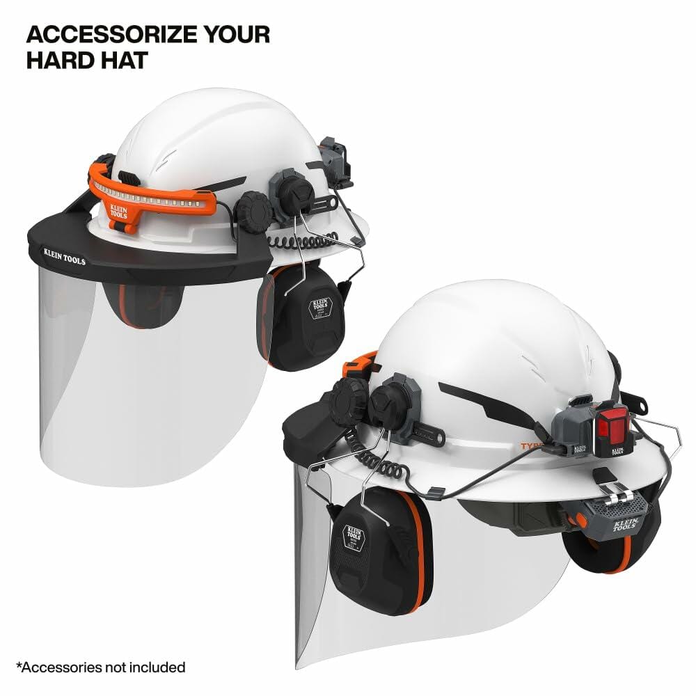 Two angled views of the Klein Tools Hard Hat showing how various accessories, such as a face shield and hearing protection, can be attached to the accessory mounts. (Note: Accessories shown are not included).