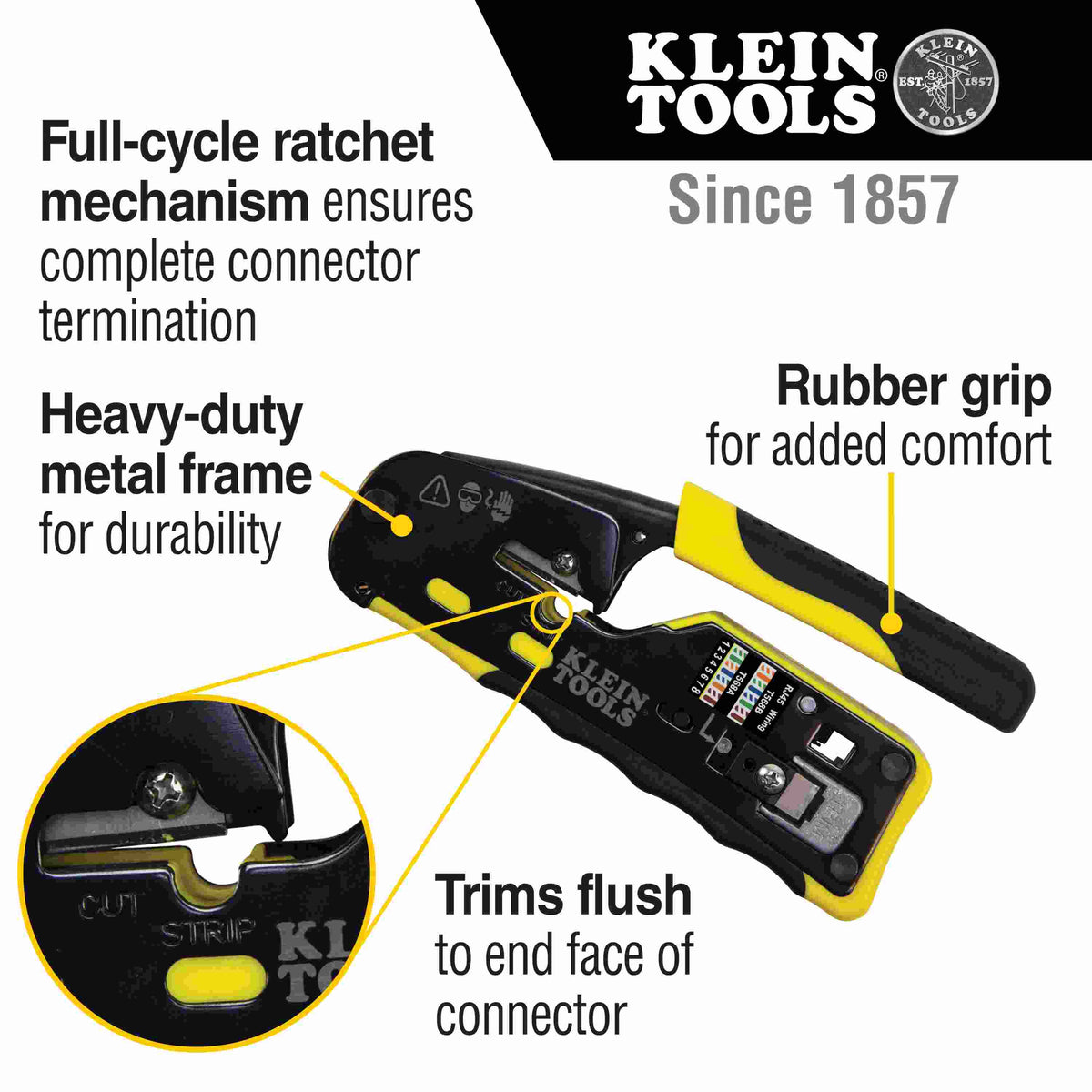 Detailed product diagram pointing to key features: a full-cycle ratchet mechanism for complete termination, heavy-duty metal frame for durability, rubber grips for comfort, and a flush-trimming cutting edge that aligns with the end face of the connector.