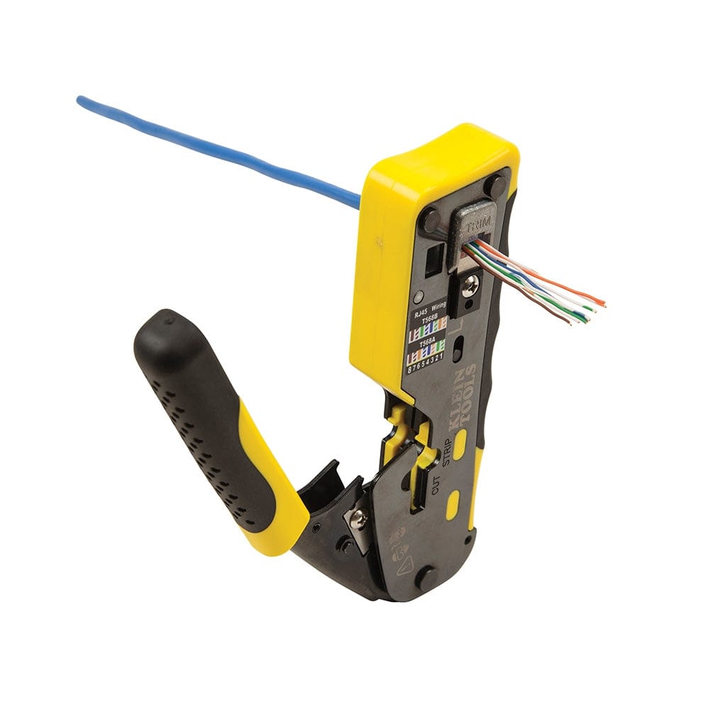 A perspective view of the ethernet crimper in action, showing a blue data cable passing through the crimping head with exposed conductors being prepared for a flush trim.