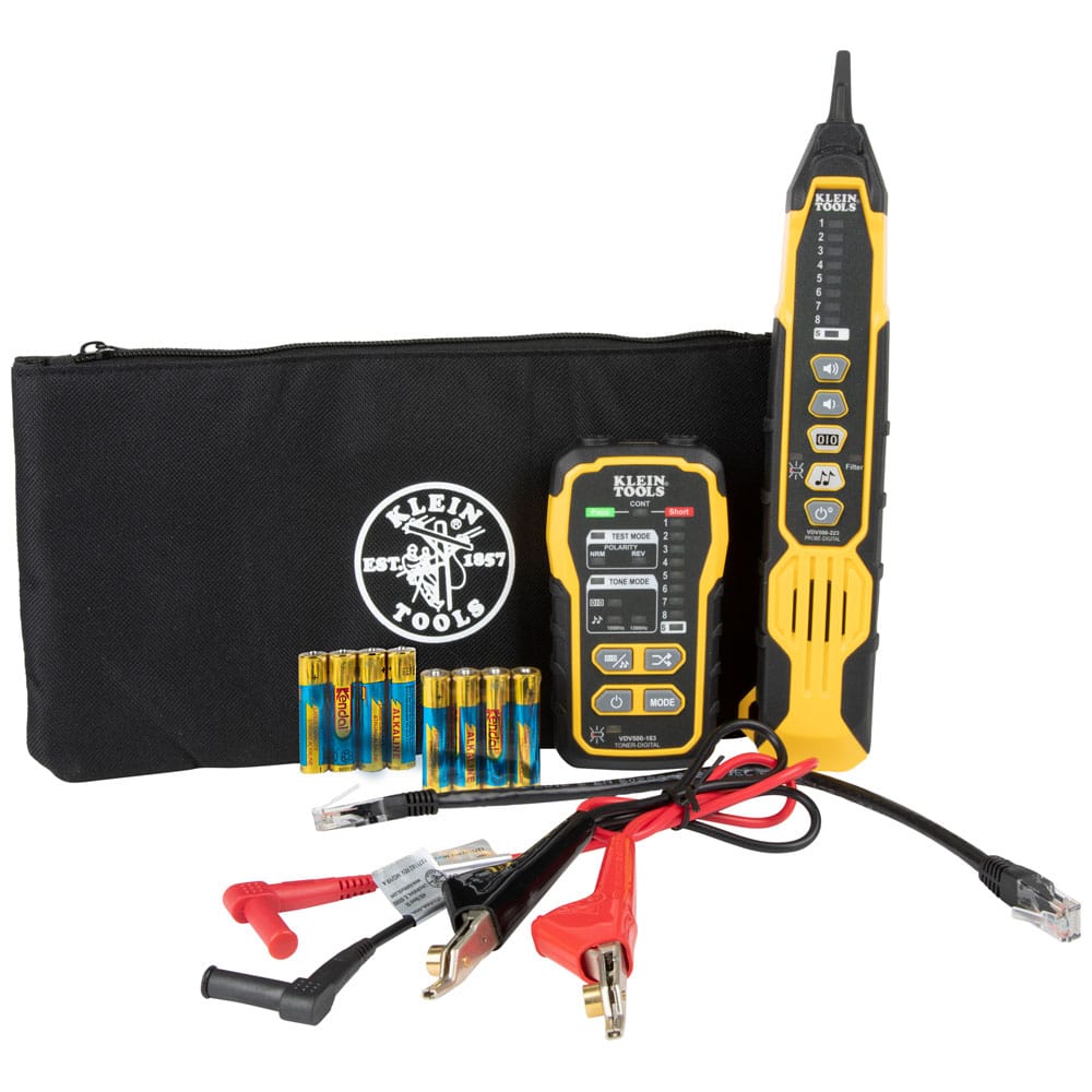 A complete studio product kit view of the Klein Tools VDV500-820 Digital Tone and Probe Kit. The set includes the VDV500-163 Digital Tone Generator, the VDV500-223 Digital Tracing Probe, a black padded carrying case, high-quality ABN test leads, an RJ45 patch cable, and 8 AAA batteries for immediate professional wire tracing.