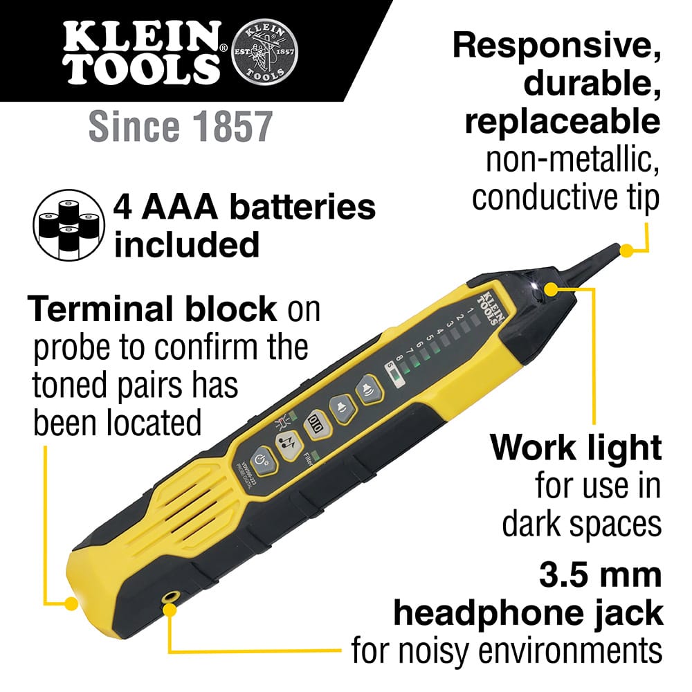 Product feature infographic for the VDV500-223 Digital Tracing Probe showcasing its professional capabilities. Highlighted features include the inclusion of 4 AAA batteries, a responsive non-metallic conductive tip, a terminal block for wire mapping verification, an integrated LED work light for dark spaces, and a 3.5 mm headphone jack for use in noisy environments.