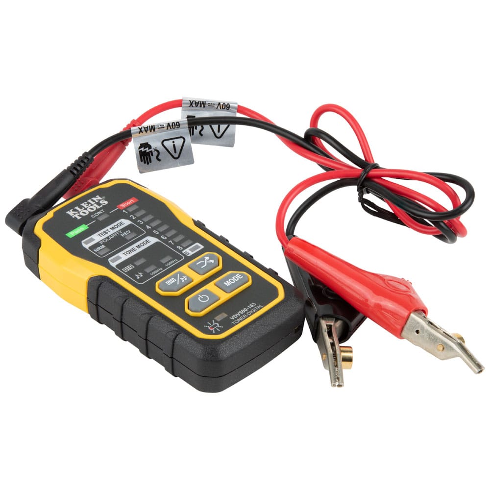 A detailed view of the VDV500-163 Digital Tone Generator with its heavy-duty test leads attached. The image highlights the rugged angled bed of nails (ABN) clips designed for secure attachment to unstripped wires and the interactive LED interface for digital and analog toning.