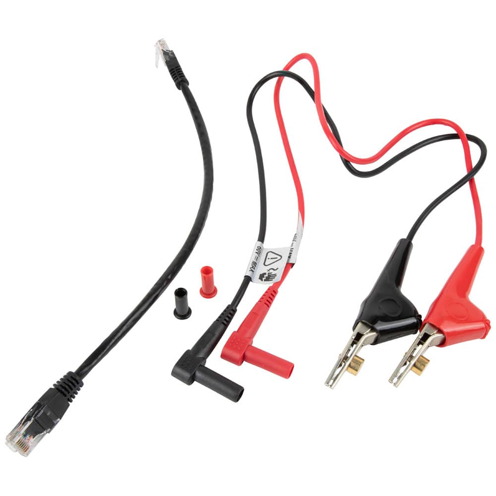 A layout view of the professional accessories included in the VDV500-820 kit. The image features the heavy-duty ABN test leads with piercing pins, a high-quality RJ45-to-RJ45 data patch cable, and protective lead caps, emphasizing the kit's versatility for network and electrical diagnostics.