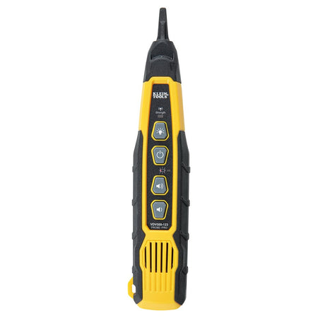 A studio product view of the Klein Tools VDV500123 Probe-PRO Tracing Probe. The professional wire tracer is shown in a sleek black and orange ergonomic housing, featuring a responsive non-metallic conductive tip and intuitive controls for identifying non-active wiring in data-com and electrical installations.