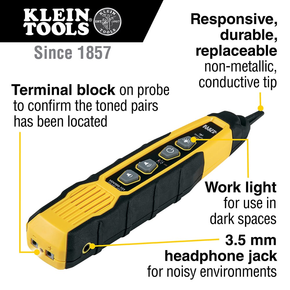 Product feature infographic for the Klein Tools Probe-PRO highlighting its ability to trace non-active wiring when paired with a tone generator. Callouts emphasize the responsive replaceable conductive tip, the integrated LED worklight for dark spaces, and the 3.5mm headphone jack for high-noise environments.