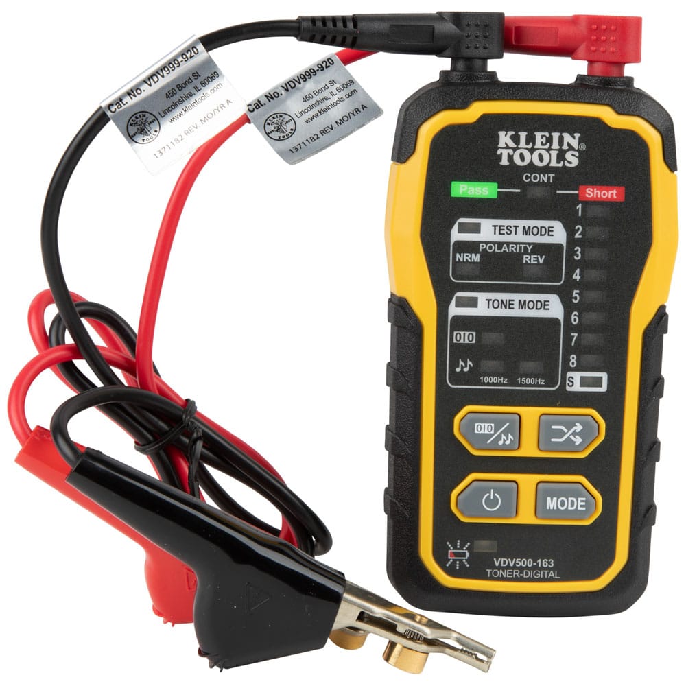 A studio product view of the Klein Tools VDV500163 Digital Tone Generator. The compact orange and black handheld device features a professional interface with clearly labeled LED indicators for digital and analog wire tracing, designed for locating cables on active networks.