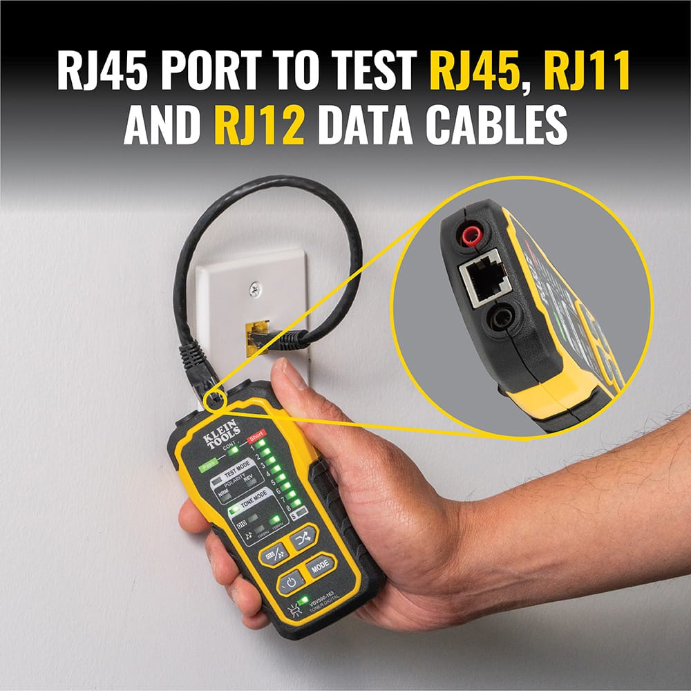 Product feature infographic for the Klein Tools Digital Tone Generator highlighting its primary functions. The graphic identifies the wire mapping capabilities to check pin-to-pin connections, the integrated RJ45 port for data cable testing, and the heavy-duty angled bed of nails clips for secure wire attachment.