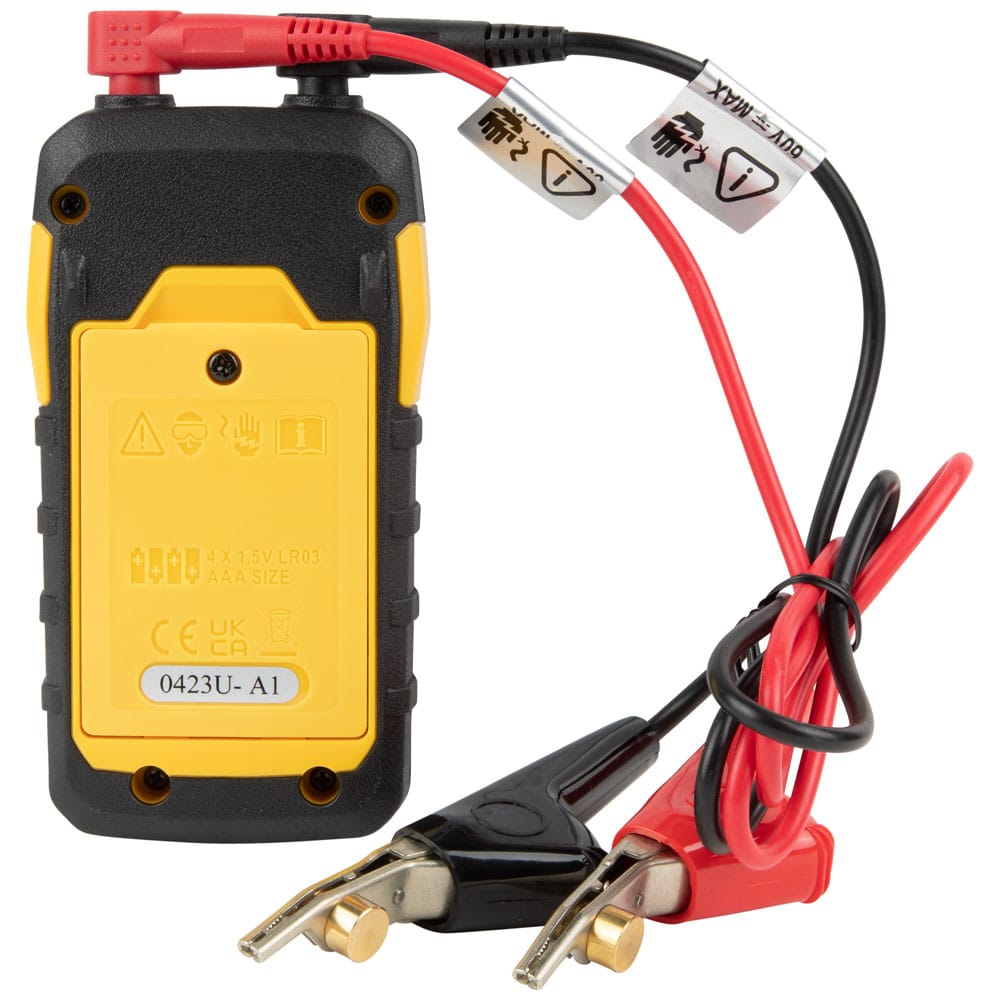 Rear view of the VDV500163 digital tone generator with its test leads and data cable neatly arranged. This layout emphasizes the tool’s portability and the high build quality of the test leads, essential for daily use by professional network installers.