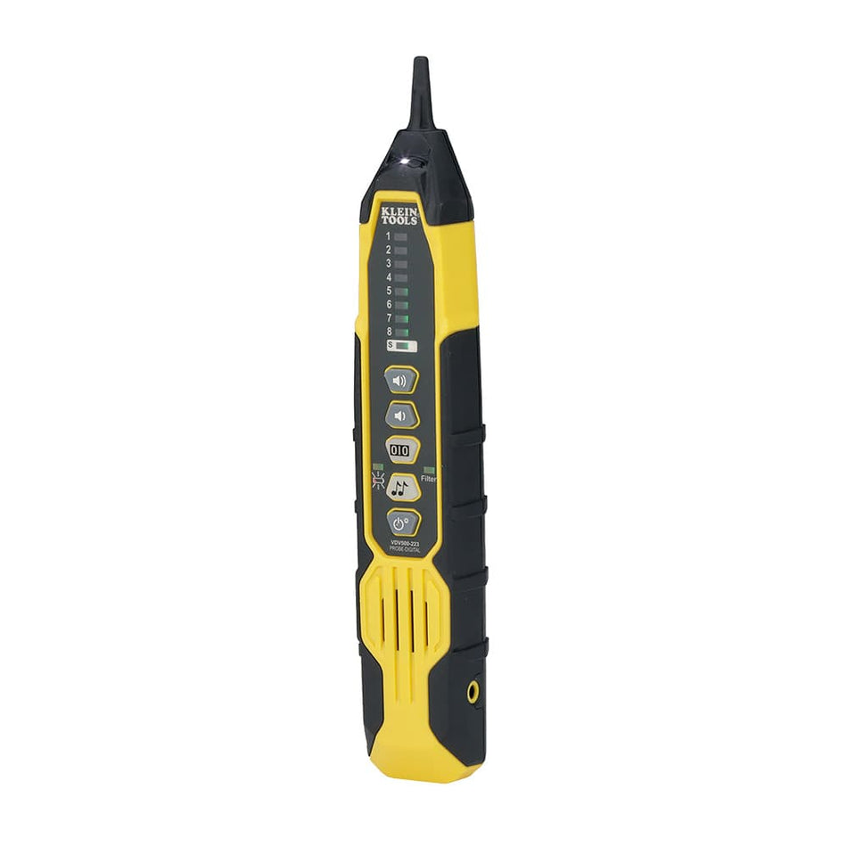 A studio product view of the Klein Tools VDV500223 Digital Tracing Probe. The yellow and black handheld diagnostic tool features an ergonomic grip, responsive interface buttons for volume and frequency, and a responsive non-metallic conductive tip designed for professional wire identification.